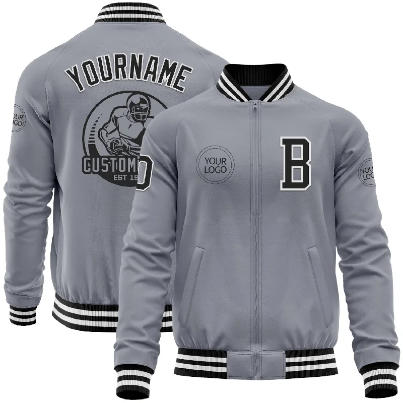 Fishing rod sturdy-Custom Gray Black-White Bomber Varsity Letterman Zipper Jacket