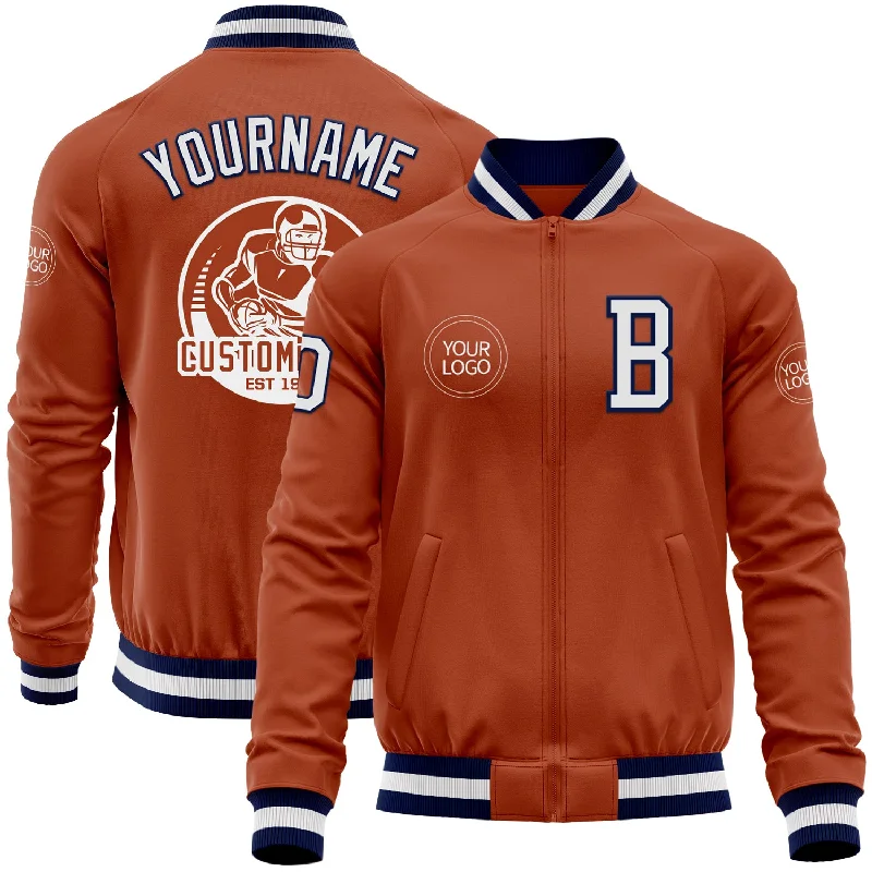 Fishing bait scent-Custom Texas Orange White-Navy Bomber Varsity Letterman Zipper Jacket