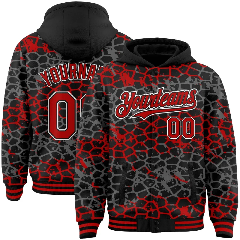 Fishing reel bearing upgrade-Custom Black Red-White Abstract Network 3D Pattern Design Bomber Full-Snap Varsity Letterman Hoodie Jacket