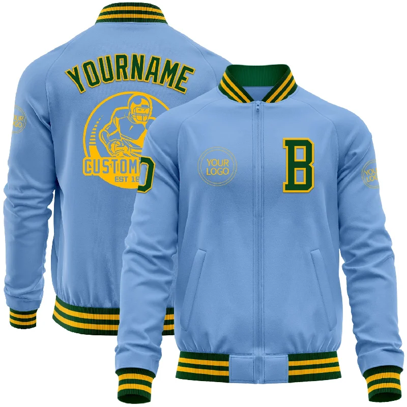 Fishing boots insulated-Custom Light Blue Green-Gold Bomber Varsity Letterman Zipper Jacket