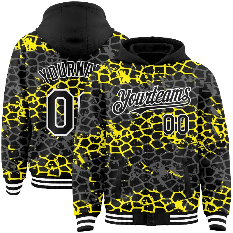 Fishing line clear-Custom Black Light Yellow-White Abstract Network 3D Pattern Design Bomber Full-Snap Varsity Letterman Hoodie Jacket