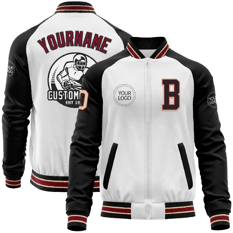 Fishing line knotter-Custom White Cream Crimson City Cream-Black Bomber Varsity Letterman Two Tone Zipper Jacket