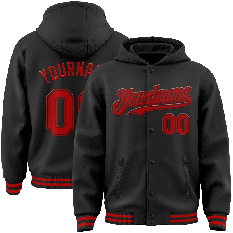 Fishing tackle durable-Custom Black Red Bomber Full-Snap Varsity Letterman Hoodie Jacket