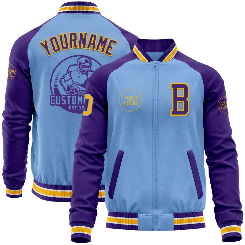 Fishing reel lightweight cast-Custom Light Blue Gold-Purple Bomber Varsity Letterman Two Tone Zipper Jacket