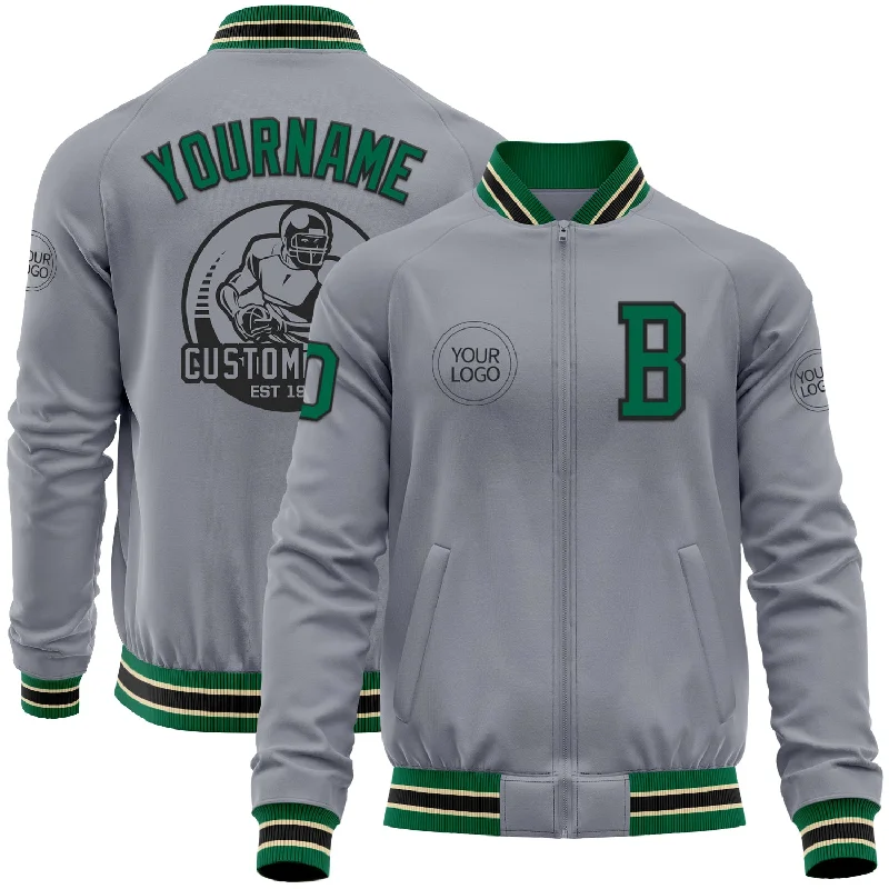 Fishing line reliable-Custom Gray Kelly Green Black-Cream Bomber Varsity Letterman Zipper Jacket