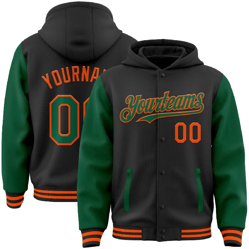 Fishing tackle protective-Custom Black Kelly Green-Orange Bomber Full-Snap Varsity Letterman Two Tone Hoodie Jacket