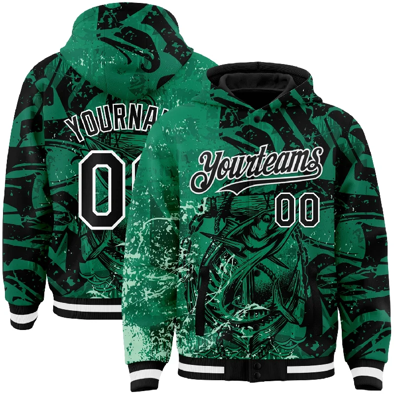 Fishing line weight-Custom Kelly Green Black-White Barracuda Fish Fishing 3D Bomber Full-Snap Varsity Letterman Hoodie Jacket