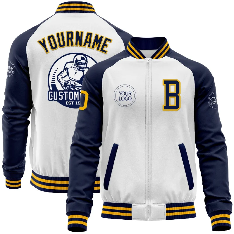 Fishing float tube-Custom White Gold-Navy Bomber Varsity Letterman Two Tone Zipper Jacket