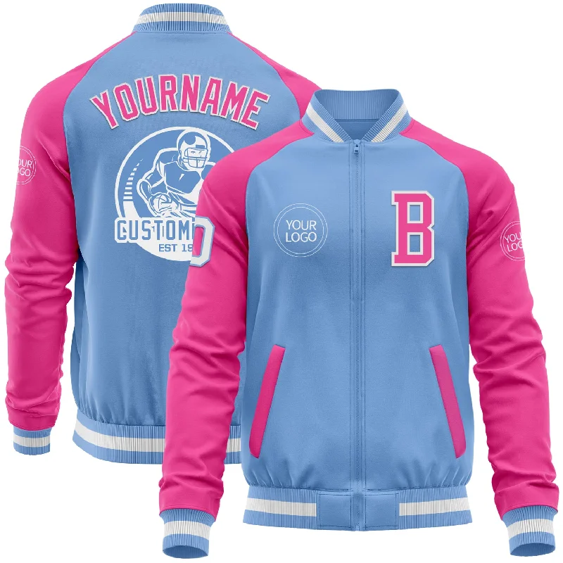 Fishing reel quick release-Custom Light Blue White-Pink Bomber Varsity Letterman Two Tone Zipper Jacket