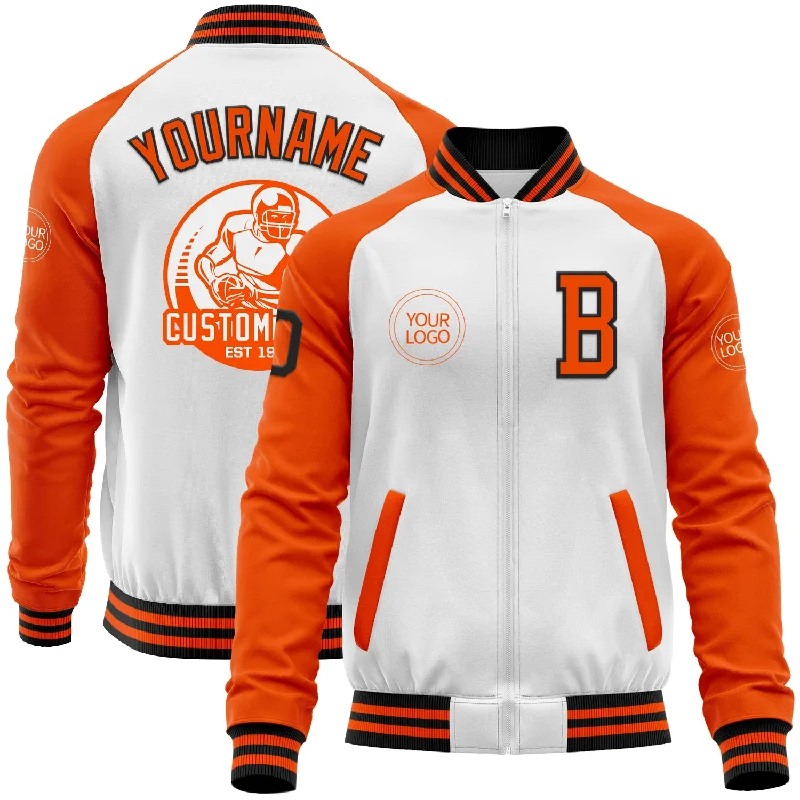 Fishing line winder-Custom White Black-Orange Bomber Varsity Letterman Two Tone Zipper Jacket