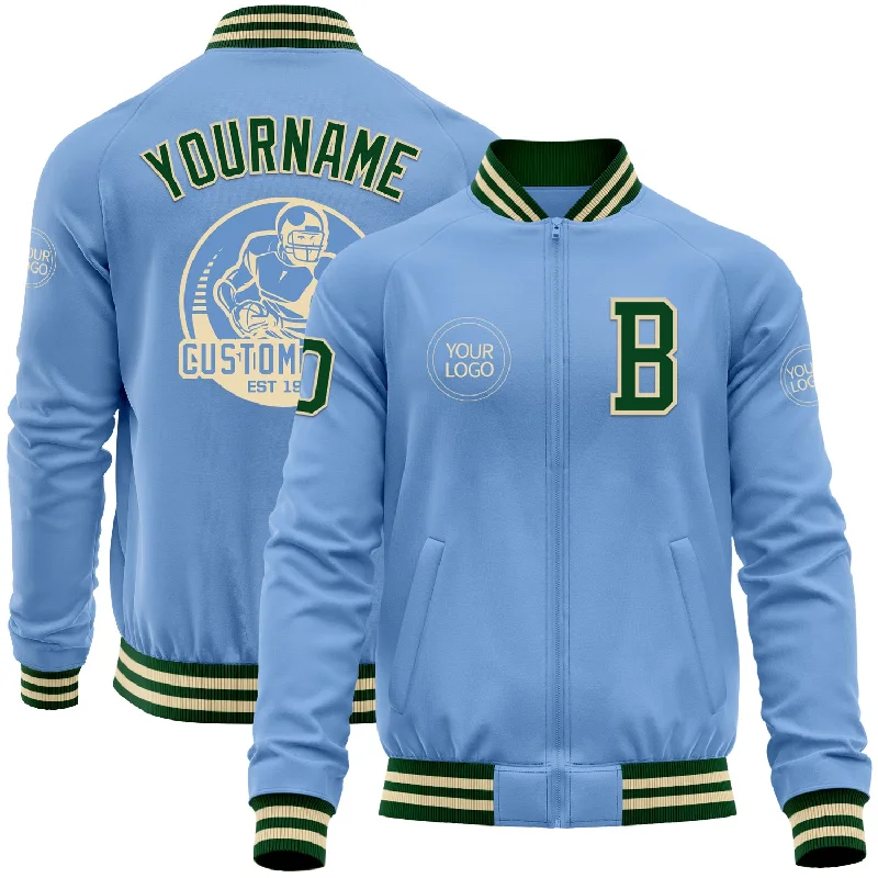 Fishing rod strap-Custom Light Blue Green-Cream Bomber Varsity Letterman Zipper Jacket