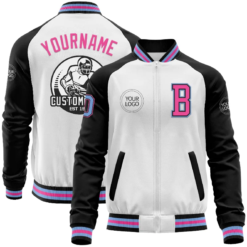 Fishing tackle tower-Custom White Light Blue Black-Pink Bomber Varsity Letterman Two Tone Zipper Jacket