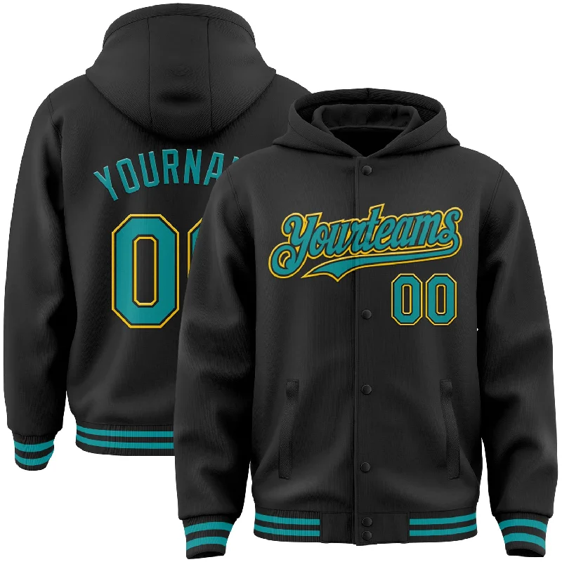 Fishing rod protective sleeve-Custom Black Teal-Yellow Bomber Full-Snap Varsity Letterman Hoodie Jacket