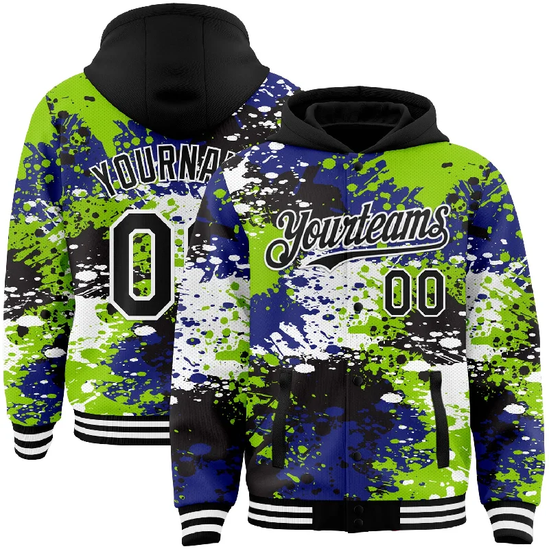 Fishing hook easy tie-Custom Black Neon Green-Royal Abstract Splash Grunge Art 3D Pattern Design Bomber Full-Snap Varsity Letterman Hoodie Jacket