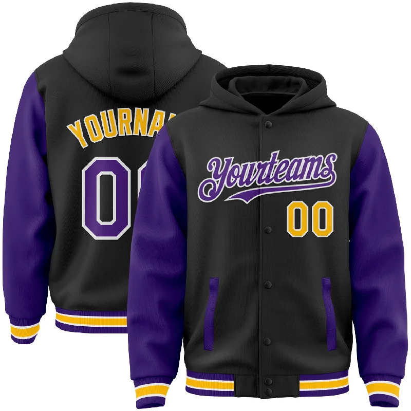 Fishing tackle custom-Custom Black Purple-Gold Bomber Full-Snap Varsity Letterman Two Tone Hoodie Jacket