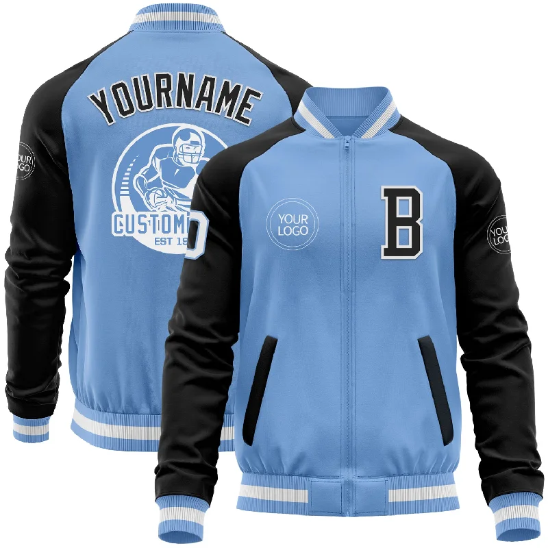 Fishing line thin profile-Custom Light Blue White-Black Bomber Varsity Letterman Two Tone Zipper Jacket