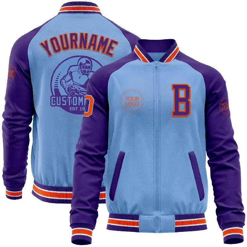 Fishing hook corrosion free-Custom Light Blue Orange-Purple Bomber Varsity Letterman Two Tone Zipper Jacket