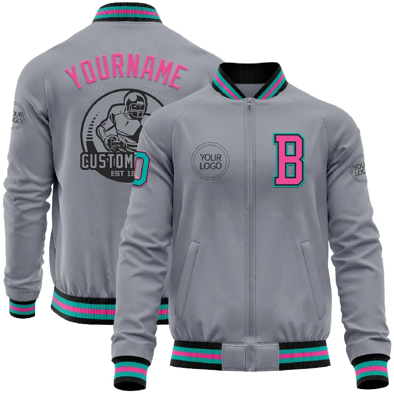 Fishing hook durable-Custom Gray Aqua Black-Pink Bomber Varsity Letterman Zipper Jacket