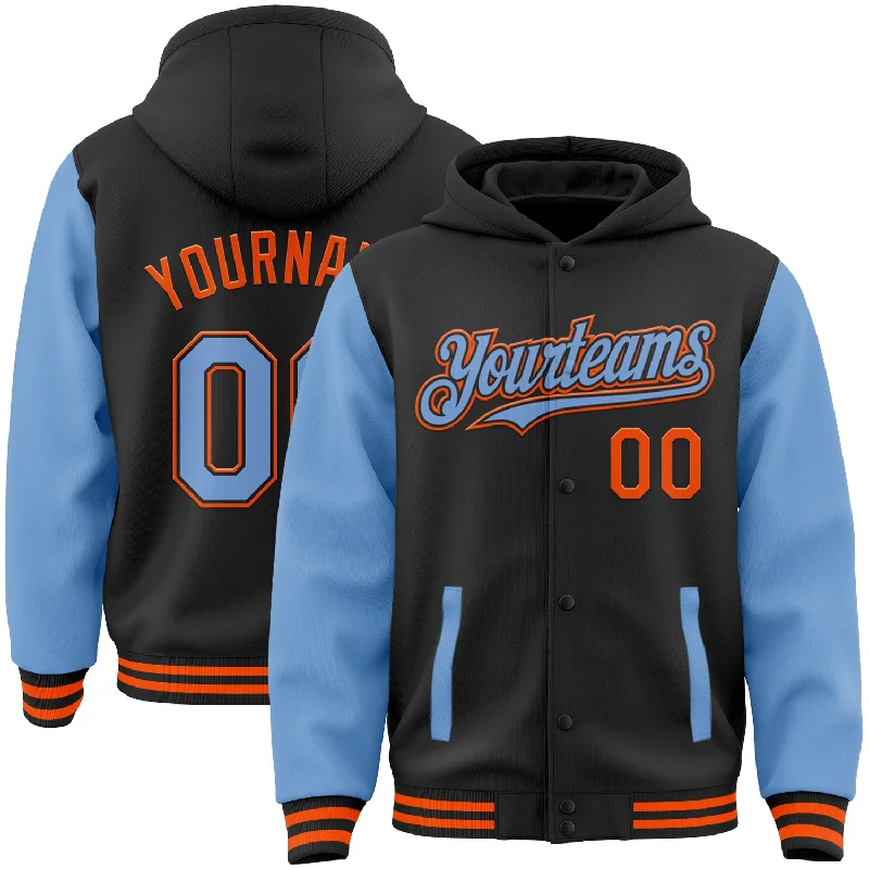 Fishing bait dispenser tool-Custom Black Light Blue-Orange Bomber Full-Snap Varsity Letterman Two Tone Hoodie Jacket