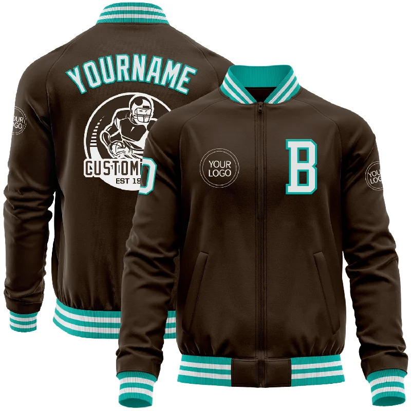 Fishing line anti-slip-Custom Brown White-Aqua Bomber Varsity Letterman Zipper Jacket