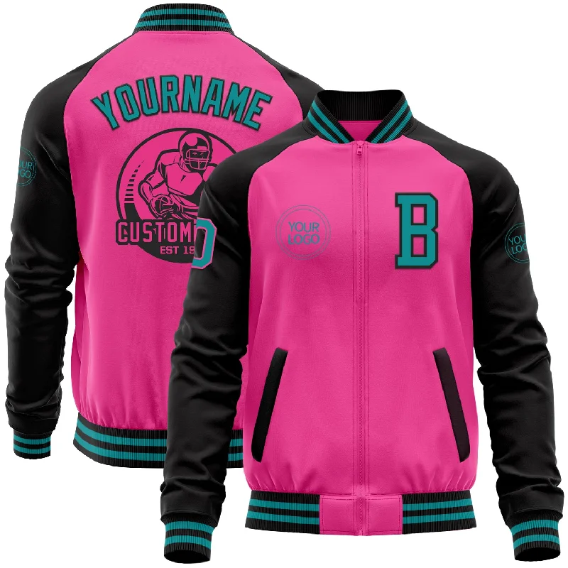 Fishing hook sharpener tool-Custom Pink Teal-Black Bomber Varsity Letterman Two Tone Zipper Jacket