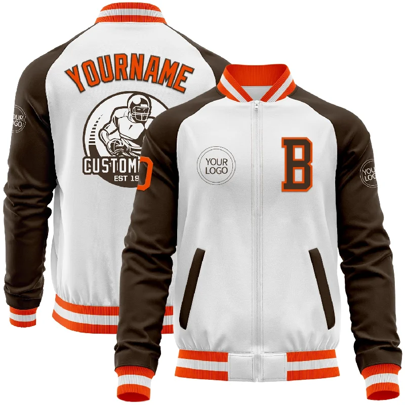 Fishing line quick sink-Custom White Orange-Brown Bomber Varsity Letterman Two Tone Zipper Jacket