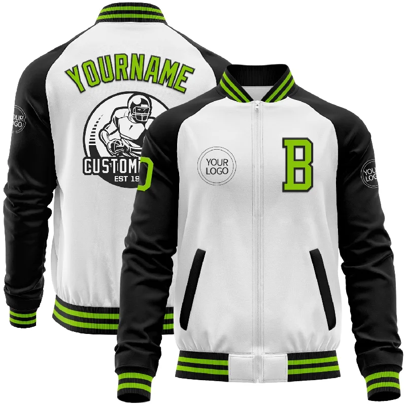 Fishing line sinker-Custom White Neon Green-Black Bomber Varsity Letterman Two Tone Zipper Jacket