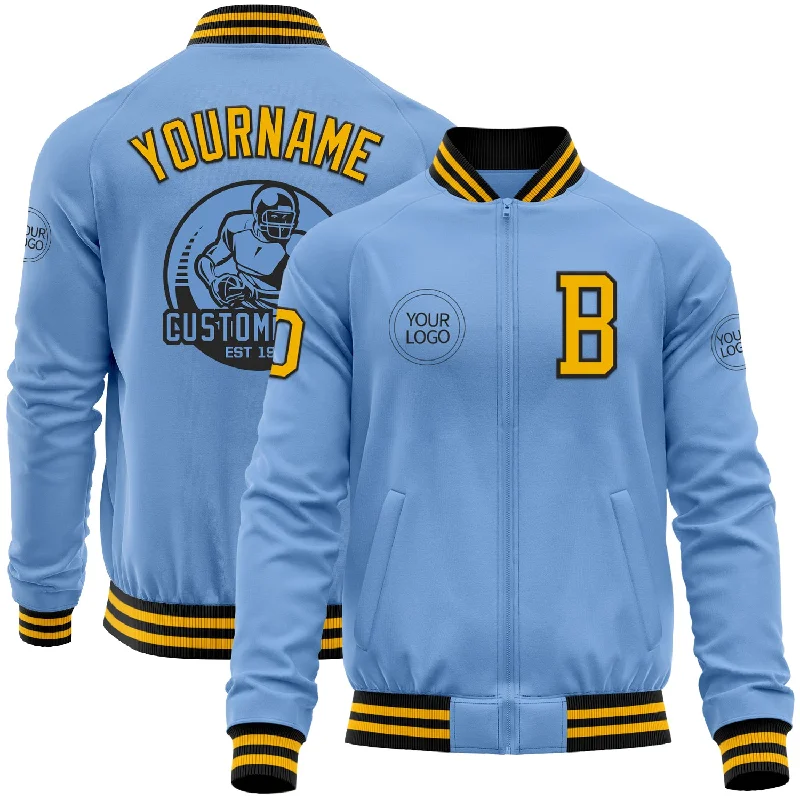 Fishing line tester-Custom Light Blue Gold-Black Bomber Varsity Letterman Zipper Jacket