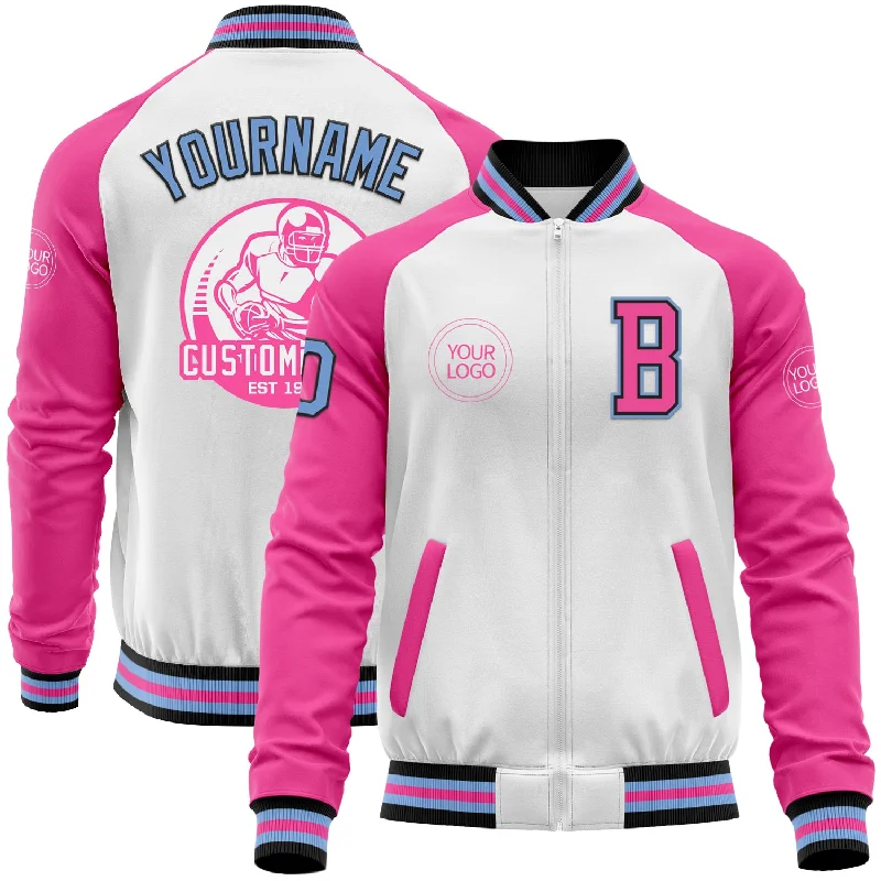 Fishing rod travel tube-Custom White Light Blue Black-Pink Bomber Varsity Letterman Two Tone Zipper Jacket