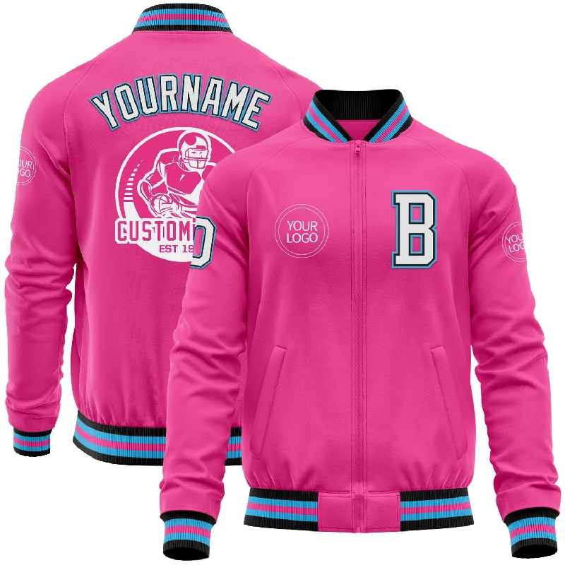 Fishing hook display-Custom Pink Black-Sky Blue Bomber Varsity Letterman Zipper Jacket