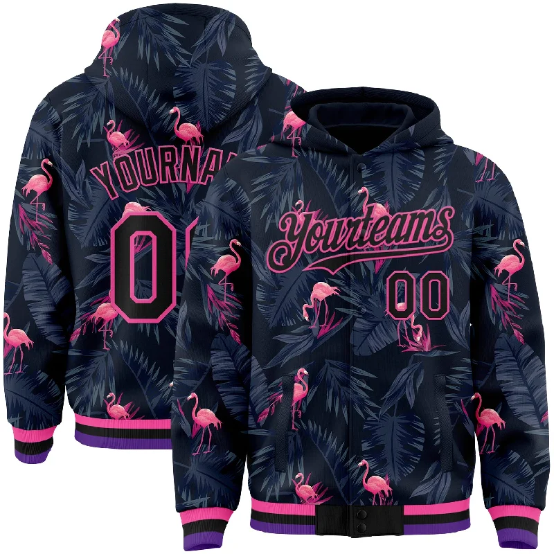 Fishing reel portable-Custom Black Pink Flamingo 3D Pattern Design Bomber Full-Snap Varsity Letterman Hoodie Jacket