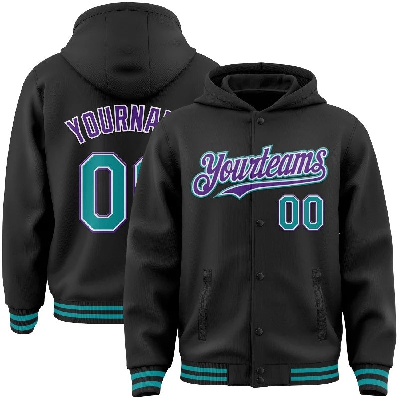 Fishing tackle modular-Custom Black Teal-Purple Bomber Full-Snap Varsity Letterman Hoodie Jacket