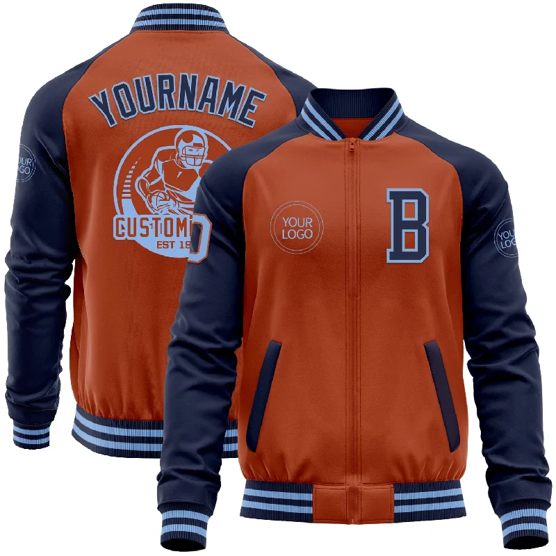 Fishing line camouflage-Custom Texas Orange Light Blue-Navy Bomber Varsity Letterman Two Tone Zipper Jacket