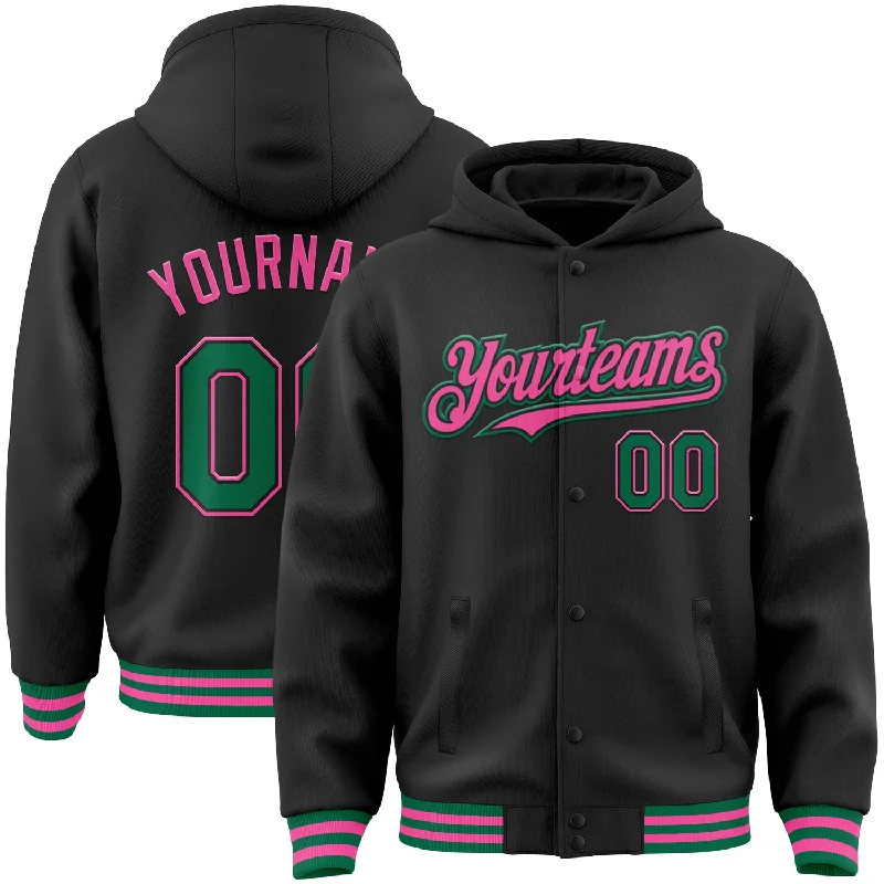 Fishing reel saltwater ready-Custom Black Kelly Green-Pink Bomber Full-Snap Varsity Letterman Hoodie Jacket