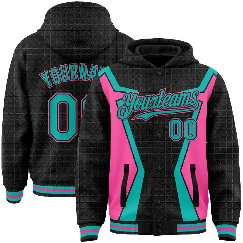 Fishing tackle tray-Custom Black Aqua-Pink Arrow 3D Pattern Design Bomber Full-Snap Varsity Letterman Hoodie Jacket