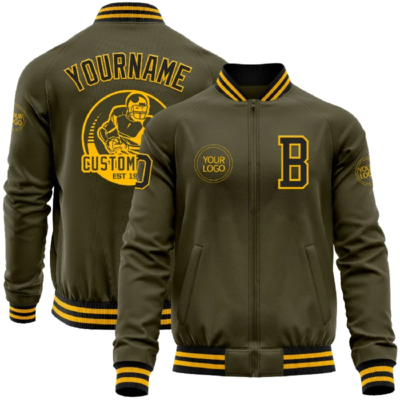 Fishing reel fast action-Custom Olive Black-Gold Bomber Varsity Letterman Salute To Service Zipper Jacket