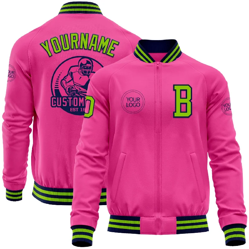 Fishing rod protective sleeve-Custom Pink Neon Green-Navy Bomber Varsity Letterman Zipper Jacket