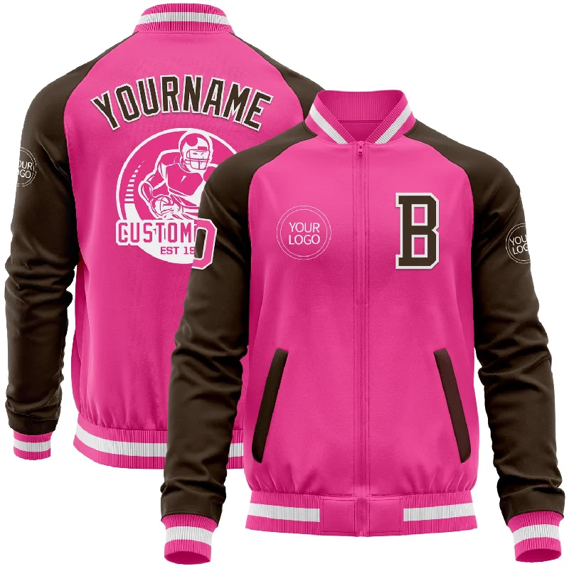 Fishing reel wrench-Custom Pink White-Brown Bomber Varsity Letterman Two Tone Zipper Jacket