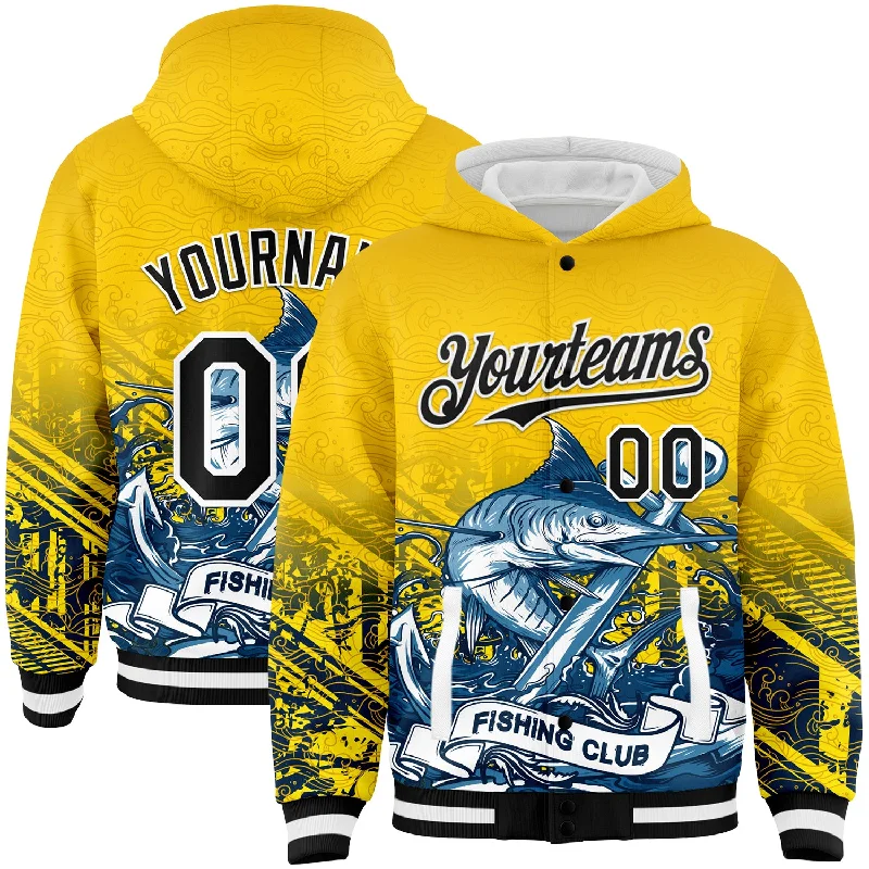 Fishing reel repair kit-Custom Gold Black-White Marlin Fish Fishing 3D Bomber Full-Snap Varsity Letterman Hoodie Jacket