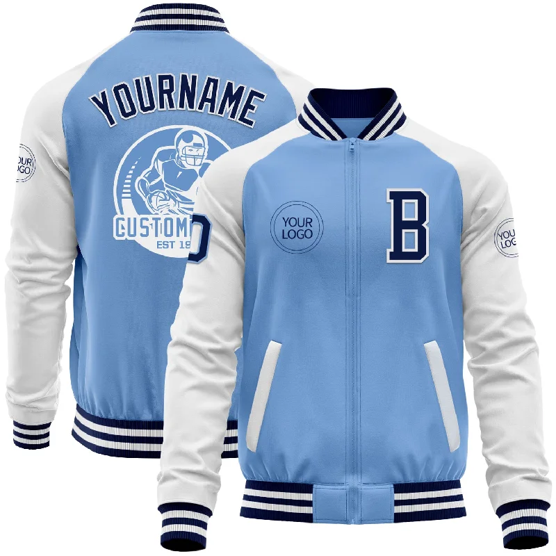 Fishing hook large size-Custom Light Blue Navy-White Bomber Varsity Letterman Two Tone Zipper Jacket