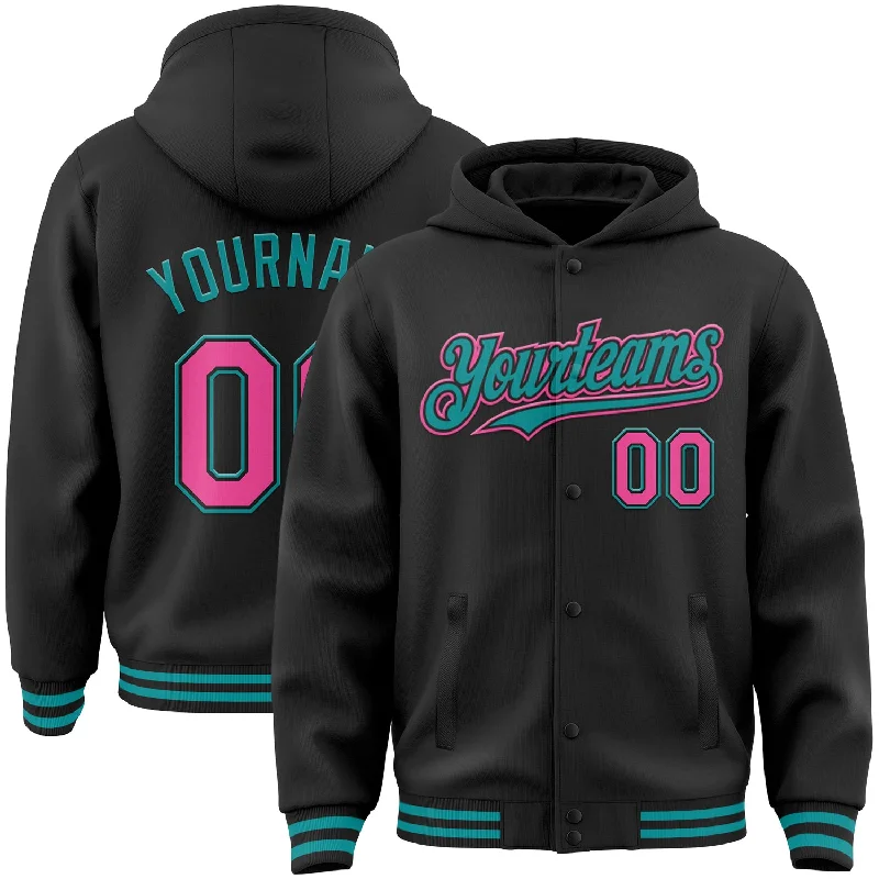 Fishing rod ultra-light-Custom Black Pink-Teal Bomber Full-Snap Varsity Letterman Hoodie Jacket