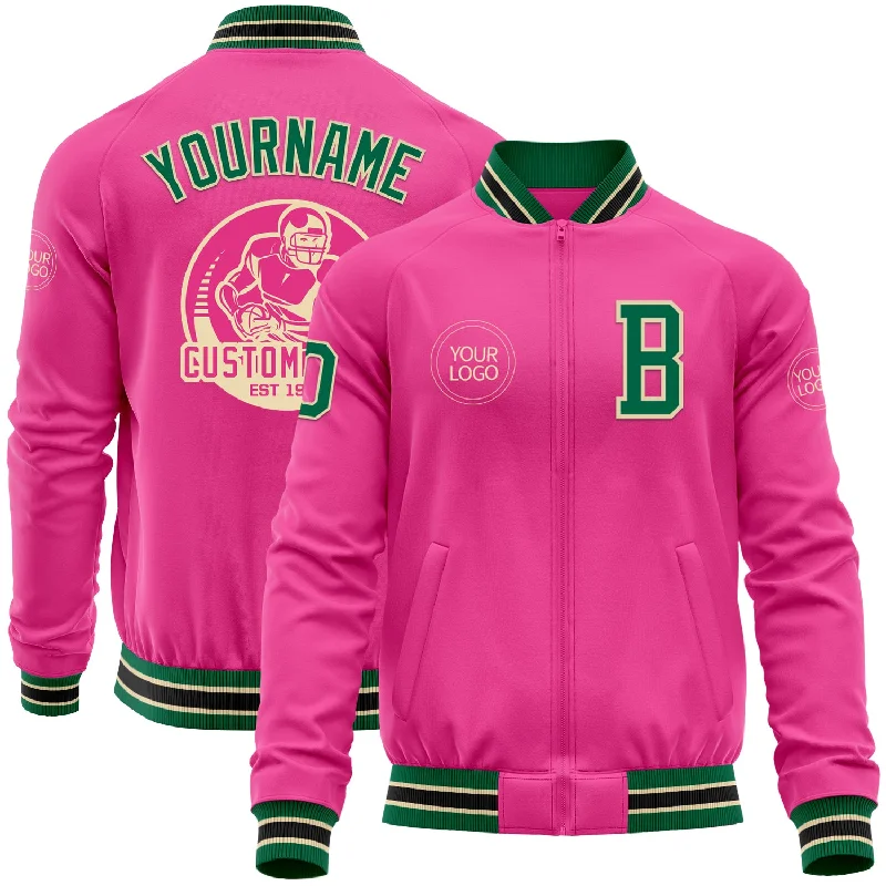 Fishing hook circle-Custom Pink Kelly Green Cream-Black Bomber Varsity Letterman Zipper Jacket