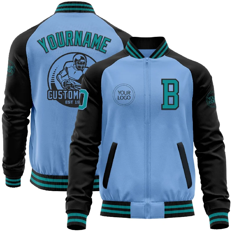 Fishing hook wide gap-Custom Light Blue Teal-Black Bomber Varsity Letterman Two Tone Zipper Jacket