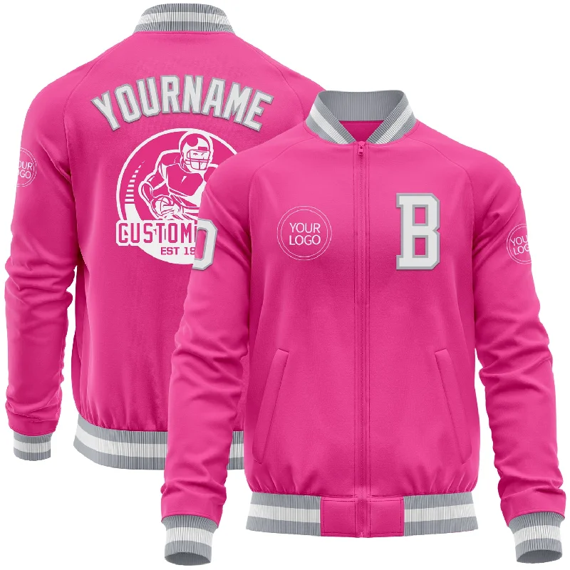 Fishing line knot strength-Custom Pink White-Gray Bomber Varsity Letterman Zipper Jacket