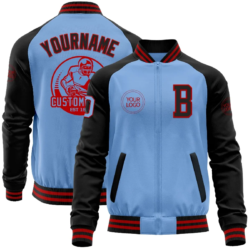 Fishing hook lightweight-Custom Light Blue Red-Black Bomber Varsity Letterman Two Tone Zipper Jacket