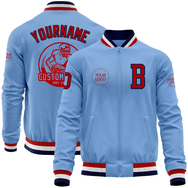 Fishing line weather resistant-Custom Light Blue Red-Navy Bomber Varsity Letterman Zipper Jacket