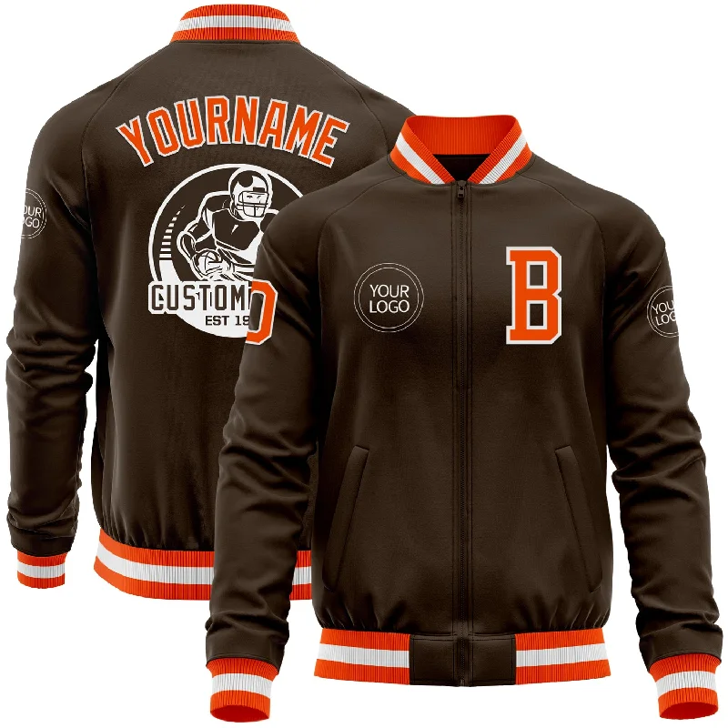 Fishing reel long handle-Custom Brown Orange-White Bomber Varsity Letterman Zipper Jacket