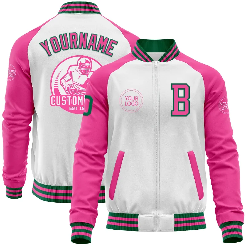 Fishing reel repair kit-Custom White Kelly Green-Pink Bomber Varsity Letterman Two Tone Zipper Jacket