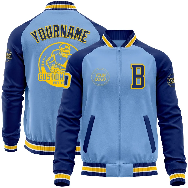 Fishing line fast retrieval-Custom Light Blue Yellow-Royal Bomber Varsity Letterman Two Tone Zipper Jacket