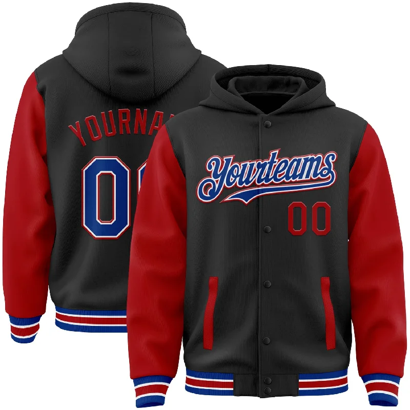 Fishing rod spinning combo-Custom Black Royal-Red Bomber Full-Snap Varsity Letterman Two Tone Hoodie Jacket